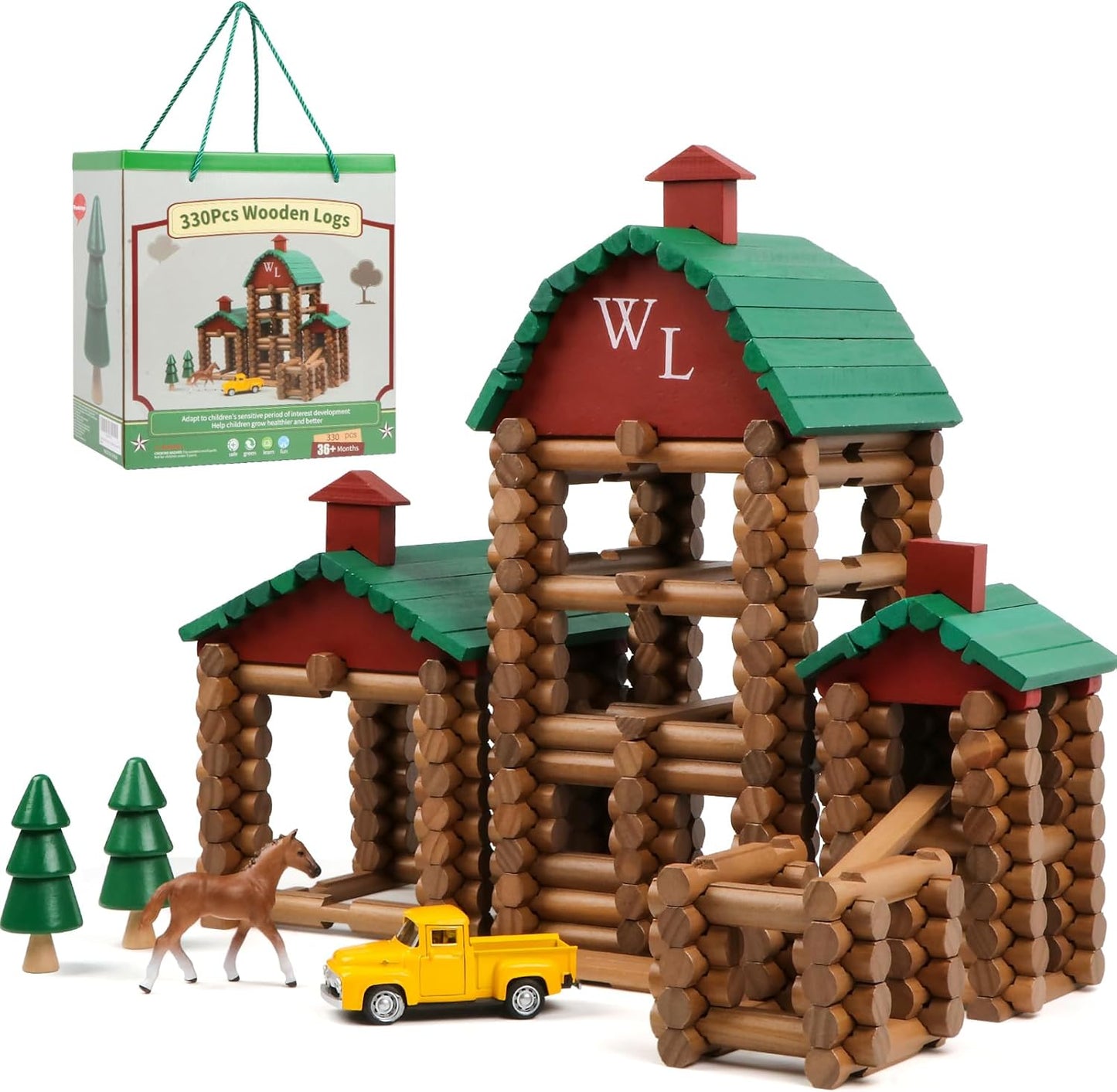 Wondertoys 208 Pcs Wooden Log Set - Classic Building Logs Ages 3+ - Best Retro Building Gift Set for Boys - Creative Construction Engineering Educational Gifts