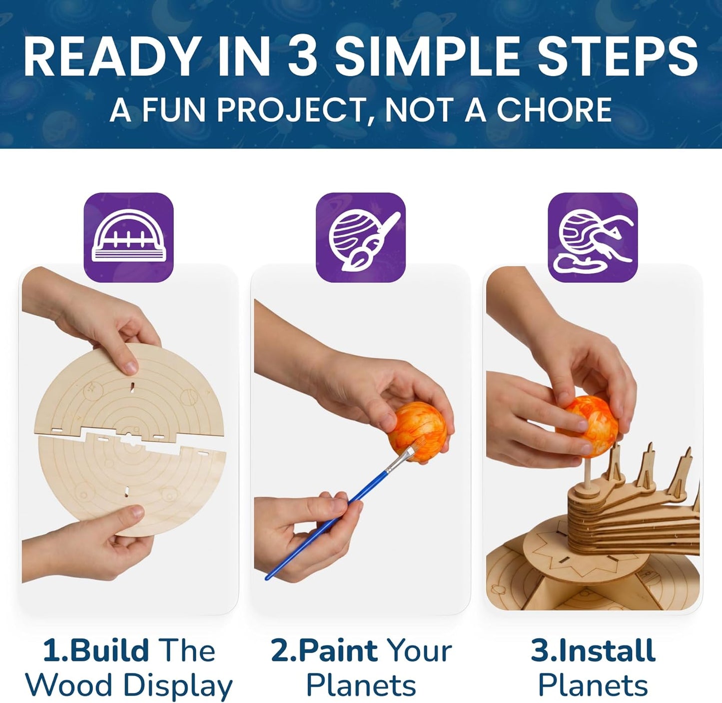 Nine Planets DIY Solar System Model for Kids - Complete Solar System Kit for Kids 8+ Years Old - Includes Wood Model & Puzzle with Fact Cards - Science Kits for 8-12 Years Old