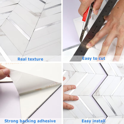 STICKGOO 10-Sheet Herringbone Tile Peel and Stick Backsplash, Beige Mixed Metal Gold PVC Stick on Backsplash, Self Adhesive Wall Tile for Kitchen and Bathroom