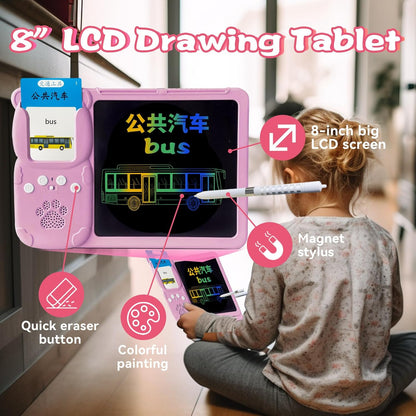 Talking English & Spanish Flash Cards - 8" LCD Writing Tablet for Kids 3-12, Bilingual 510 Sight Words, Toddler Pocket Speech, Drawing Sketch Pad, Autism Toys for Boys (Spanish, Blue)