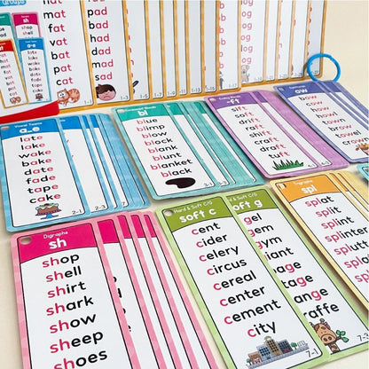 Phonics Word Cards for Beginners Learn to Read & Spell, 117 Sound Groups 900+ Words, Double Sided Flashcards Set for Fun Learning Activities