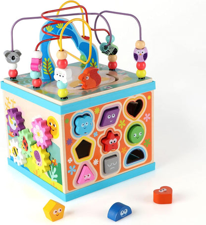 Qilay Wooden Activity Cube for Toddlers (Large), 5 in 1 Multipurpose ABC-123 Abacus Bead Maze Shape Sorter | Early Educational Toy for Toddlers - First Birthday Present for Boys Girls