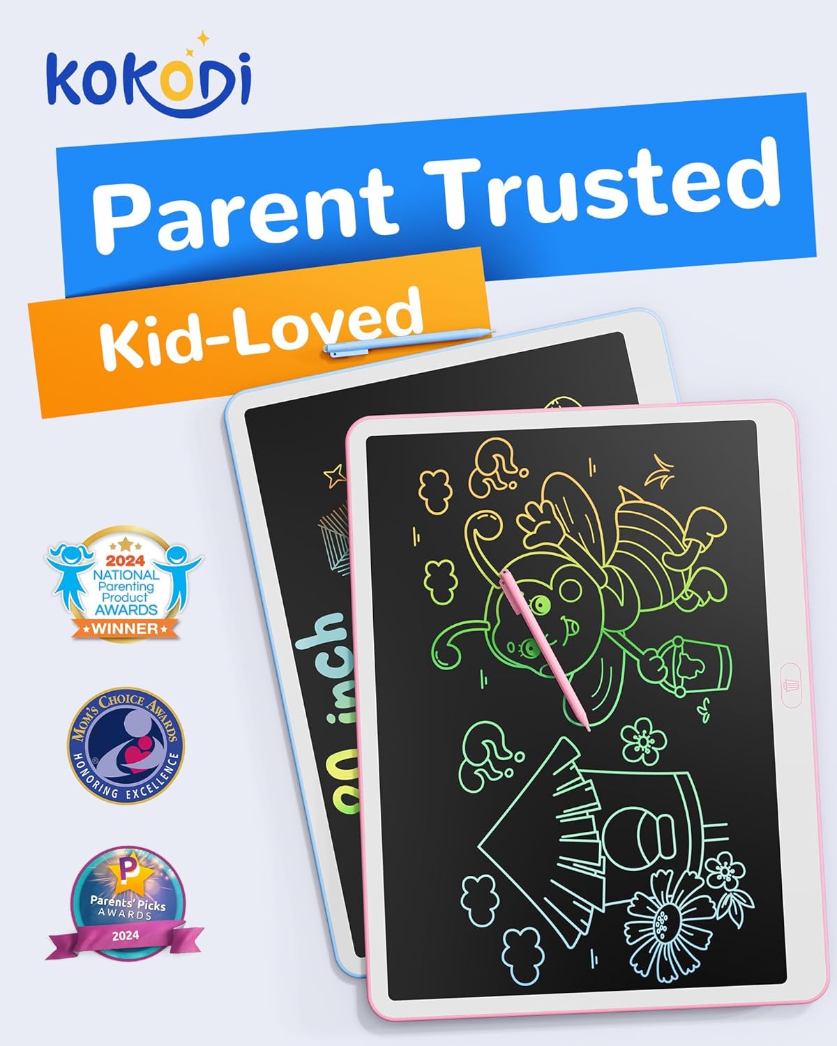 KOKODI LCD Writing Tablet, 12 Inch Colorful Toddler Doodle Board Drawing Tablet, Erasable Reusable Electronic Drawing Pads, Educational and Learning Toy for 3-6 Years Old Boy and Girls(Blue)