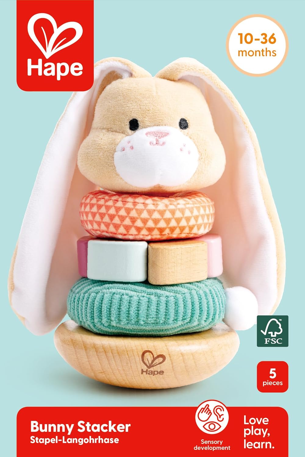 Hape Bunny Stacker|Wooden Stacking Rings|Wobble Learning Tower Developmental Toy, for Babies 10 Months+