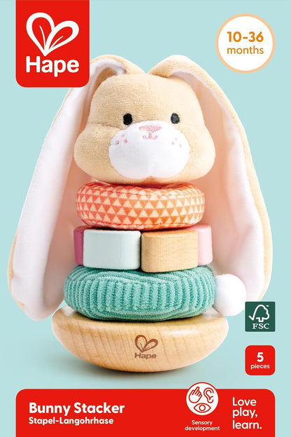 Hape Bunny Stacker|Wooden Stacking Rings|Wobble Learning Tower Developmental Toy, for Babies 10 Months+