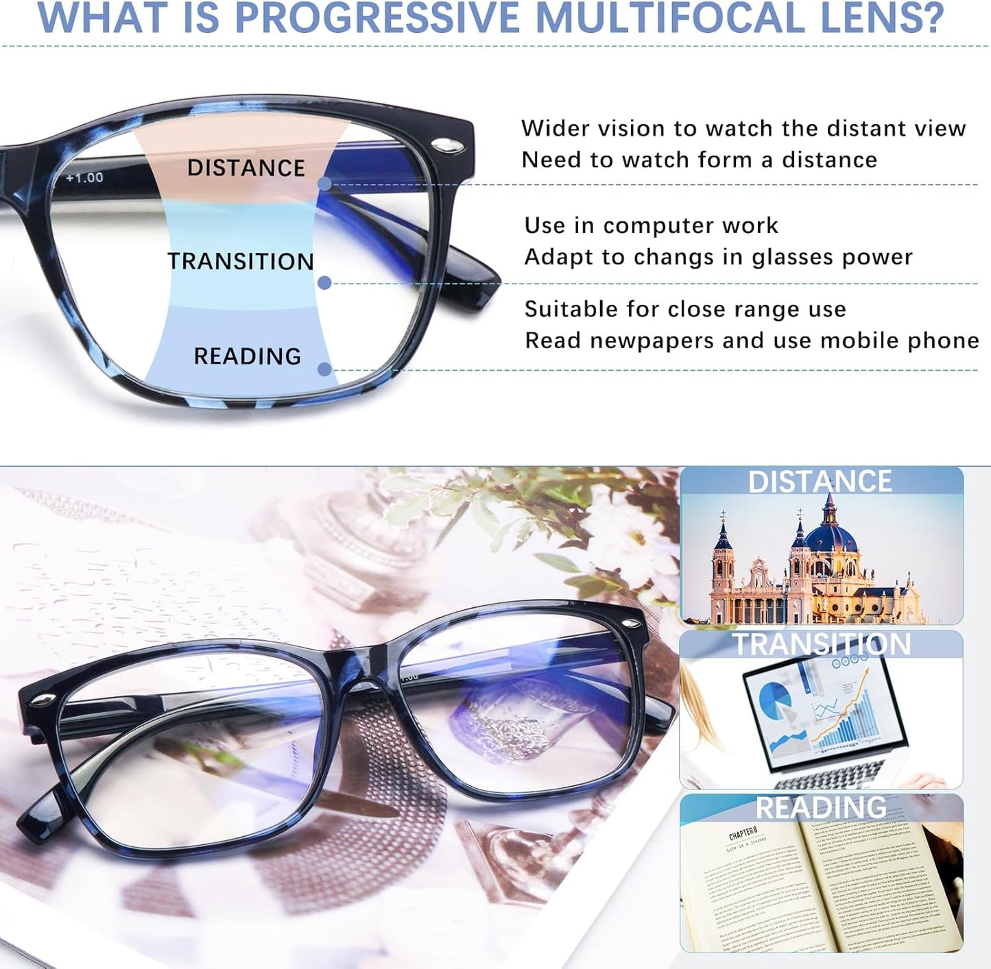 CLASAGA Progressive Multifocus Reading Glasses for Women, Pattern Print Blue Light Block Stylish Ladies Computer Readers