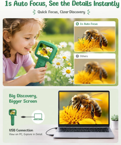 Microscope Camera for Kids Gifts Toys- Handheld Pocket Microscopes with 2.4" Screen and Autofocus - Mini Digital Educational Science Kit for Christmas Birthday for Age 3-5 5-7 8-12 Girls Boys (Green)