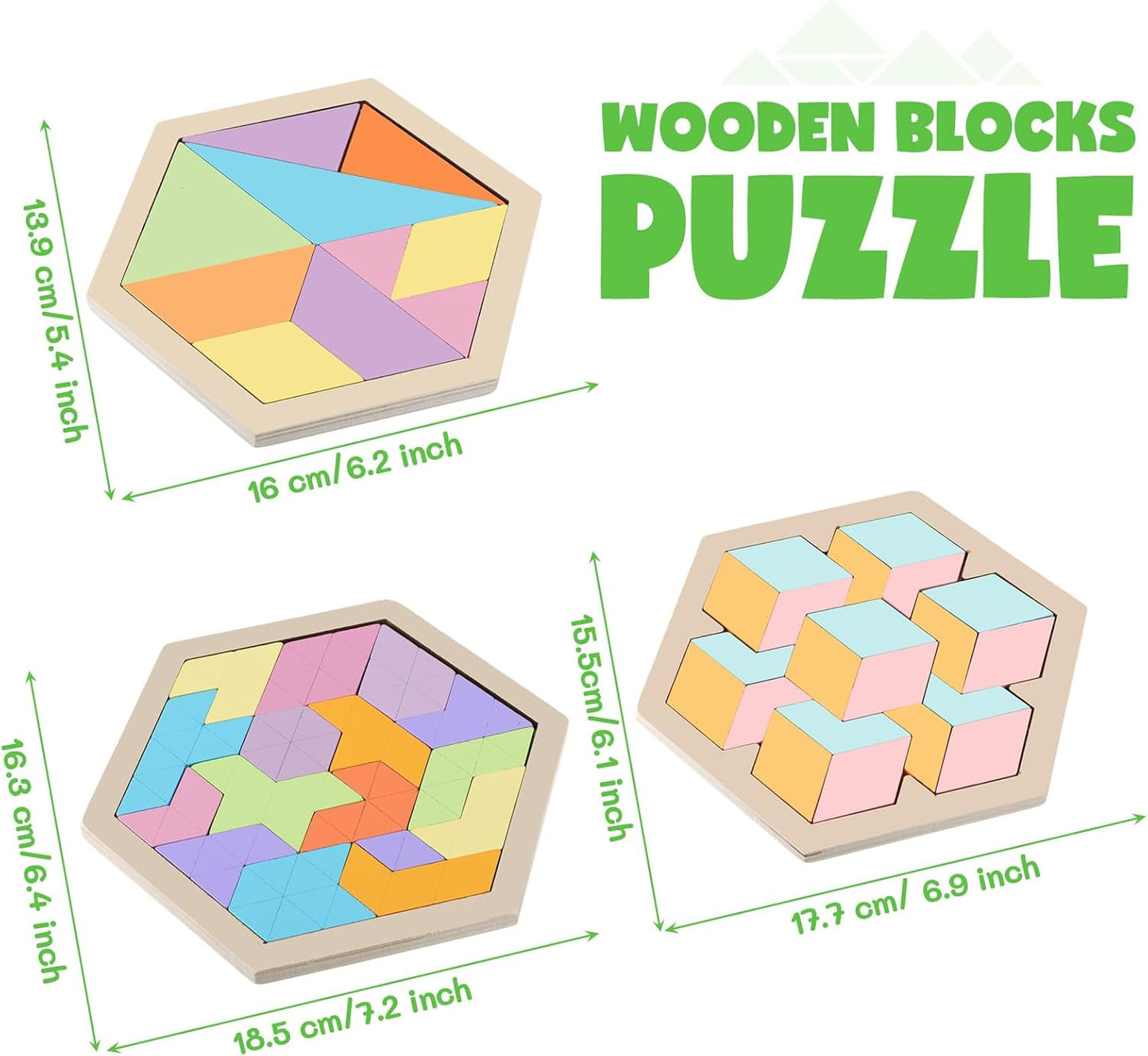 Yunsailing 3 Pack Large Hexagon Tangram Puzzle Wooden Brain Puzzles for Adult Challenge Wood Russian Blocks Brain Teasers Geometric Jigsaw Block Logic Iq Stem Family Graduation Gifts(Vintage)