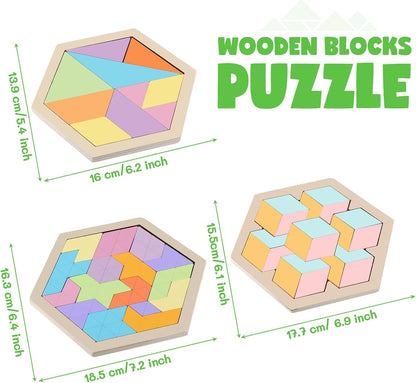 Yunsailing 3 Pack Large Hexagon Tangram Puzzle Wooden Brain Puzzles for Adult Challenge Wood Russian Blocks Brain Teasers Geometric Jigsaw Block Logic Iq Stem Family Graduation Gifts(Vintage)