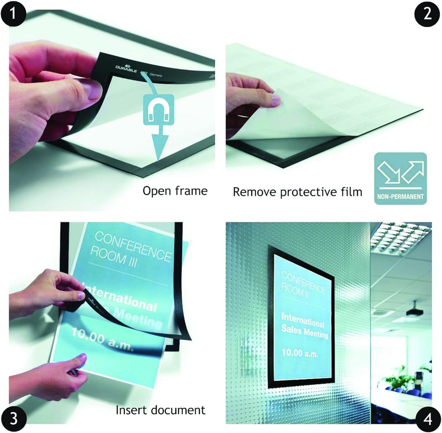 Durable Duraframe Self Adhesive Magnetic Sign Holder in Half Letter-Size 5.5" x 8.5" Inches - Black Frame - Pack of 2