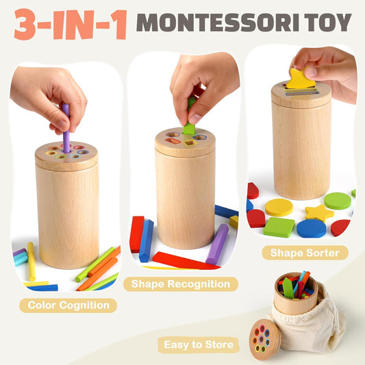 DINORUN Wooden Montessori Toddler Toys - 3 in 1 Sensory Toys for Color Shape Matching, Learning Fine Motor Skills, Educational Toys for Toddlers 1-3, Travel Toys for Boys Girls Gifts