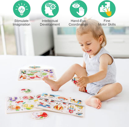 Wooden Peg Puzzles for Toddlers 1-3, Kids' Educational Preschool Peg Puzzle Toy, Set of 3 Toddler Puzzles - Traffic, Dinosaur, and Fruit, Ideal Gift for Ages 1 2 3 Boys and Girls