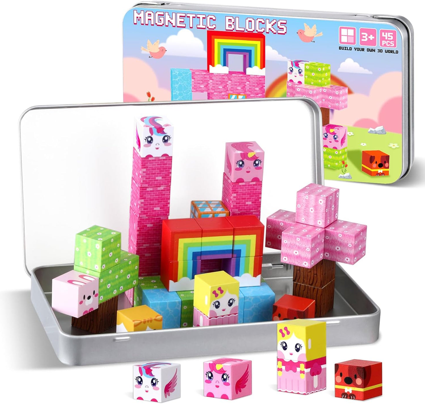 QOUBAI 45PCS Mini Magnetic Blocks Travel Toys, Magnet Building Cubes Tiles Set with Portable Iron Case, Learning Activities Gifts for Kids Toddlers Boys & Girls Ages 3-8 (Construction)