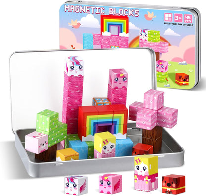 QOUBAI 45PCS Mini Magnetic Blocks Travel Toys, Magnet Building Cubes Tiles Set with Portable Iron Case, Learning Activities Gifts for Kids Toddlers Boys & Girls Ages 3-8 (Construction)