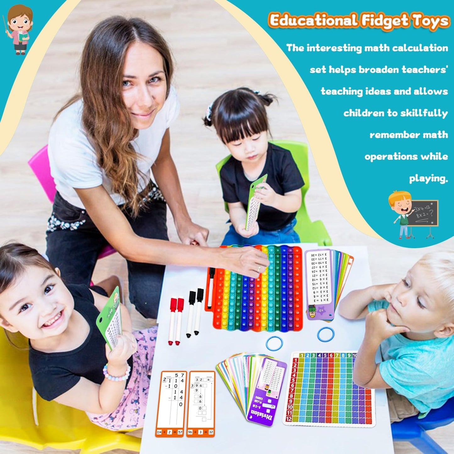 Multiplication Flash Cards + Division Flash Cards + Fingertip Bubbles Toy, Interesting Math Combination, Math Games for Children Aged 3 +