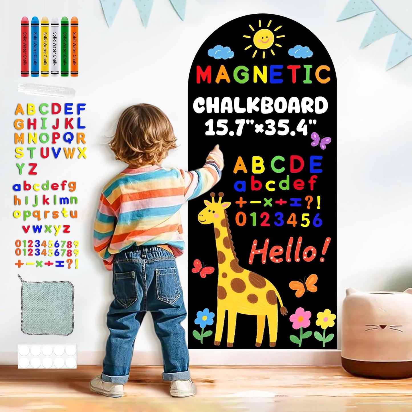 8 PCS Magnetic Wall Decals for Kids Magnetic Chalkboard Peel and Stick Magnet Sheets Board Sticker Tangram Puzzle Self Adhesive Contact Paper Dry Erase Blackboard for Playroom Homeschool 15.7"x10.4"