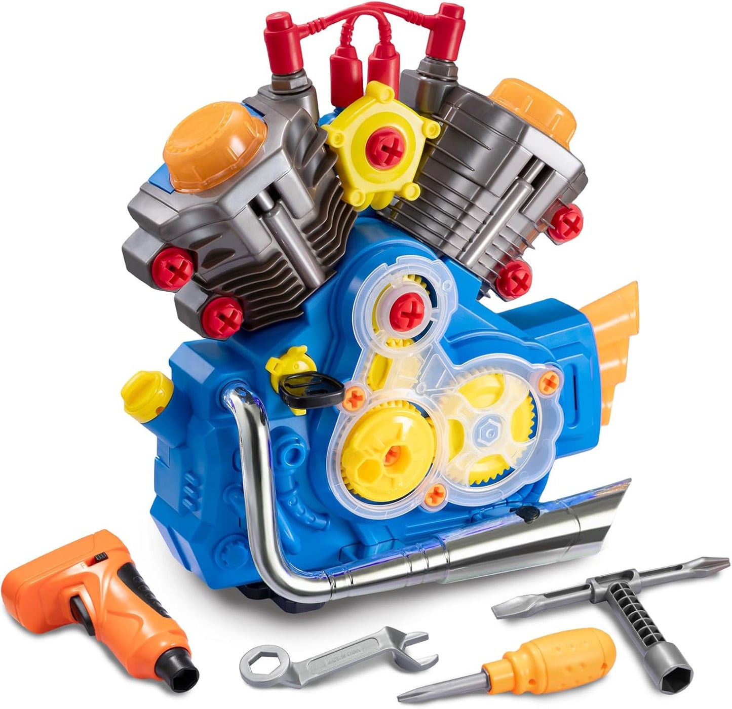 POFJOEQ Engine Building Kit, Kids Mechanic Repair Set for Kids Motorcycle Engine，Take Apart Toys-42pc Playset，STEM Engine Model Kit Toy with Cool Lights&Sounds，Educational Toys for 3+ Year Old (Blue)
