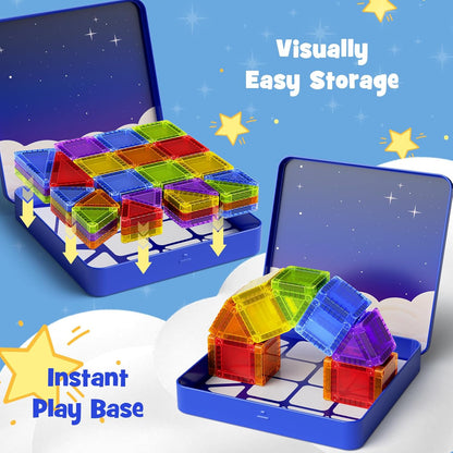Magnetic Tiles for Kids Ages 4-8, Magnetic Blocks Travel Set with Diamond Surface & Metal Storage Box, 60PCS STEM Learning Toys, Educational Building Gifts for 3-8 Year Olds