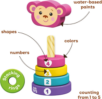 Kids Hits Stack and Play Monkey – Wooden Stacking Ring Toy with Numbers, Shapes & Colors – Montessori Learning Toy for Toddlers Ages 1+