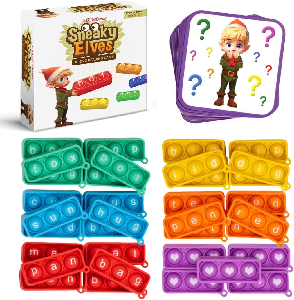 THE FIDGET GAME Sneaky Elves, CVC Sight Words Game, Pop Sensory Toy to Learn and Spell, Educational Kindergarten Classroom Activities, Multisensory Reading and Phonics Flash Cards for Kids 3+ Years