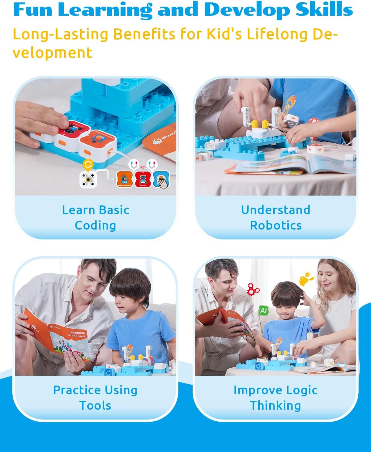 WhalesBot A1 Coding Toy for Kids, Building Block Robot, Fun STEM Toy with Magnetic Controller and Sensor Blocks, Screen-Free Coding with 3 Guide Books for Kids 3-6