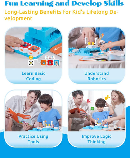 WhalesBot A1 Coding Toy for Kids, Building Block Robot, Fun STEM Toy with Magnetic Controller and Sensor Blocks, Screen-Free Coding with 3 Guide Books for Kids 3-6