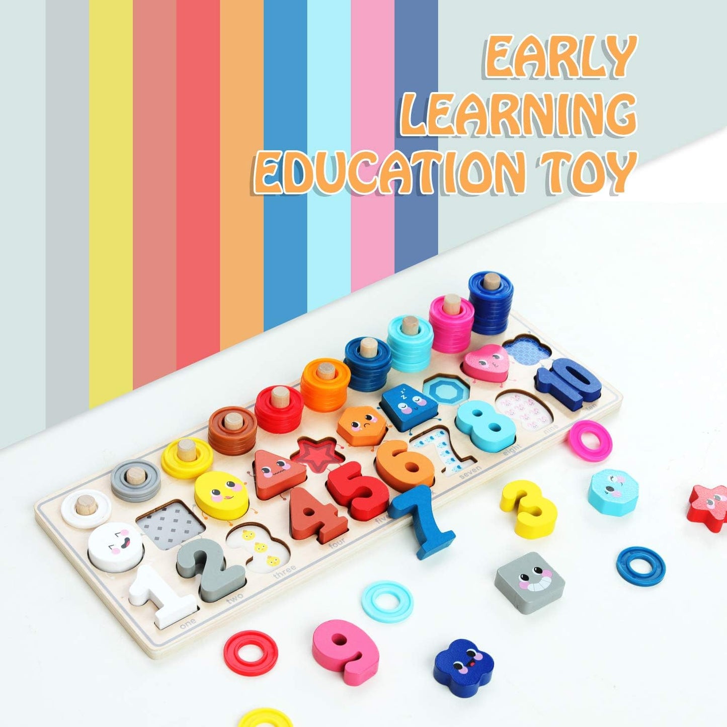 QZMTOY Counting Shape Stacker Wooden Count Sort Stacking Tower with Wood Colorful Number Shape Math Blocks for Kids Preschool Educational Toddlers Toy