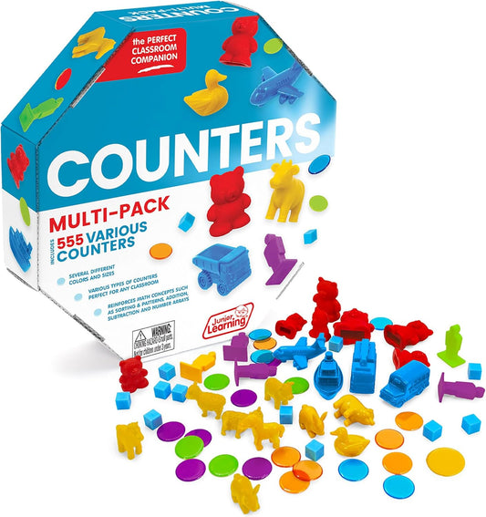 Junior Learning: Counters Multi-Pack - 555 Various Pieces - Multiple Colors-Shapes-Styles, Animal-Vehicles-Cubes, Use for Kids Math & Learning Games