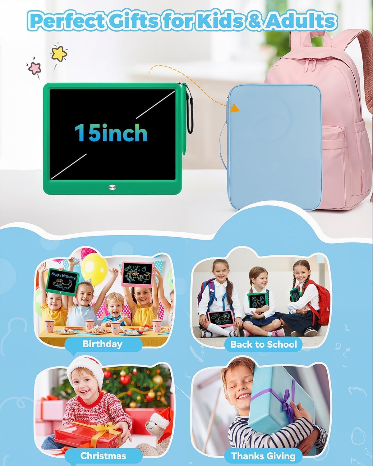 KOKODI 15 Inch LCD Writing Tablet with Anti-Lost Stylus, Erasable Doodle Board Colorful Toddler Drawing Pad, Car Travel School Games Toys for 3 4 5 6 7 8 Kids, Birthday Gift for Girls Boys Blue