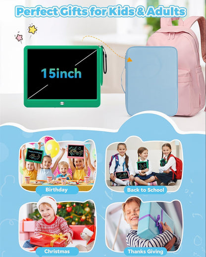 KOKODI 15 Inch LCD Writing Tablet with Anti-Lost Stylus, Erasable Doodle Board Colorful Toddler Drawing Pad, Car Travel School Games Toys for 3 4 5 6 7 8 Kids, Birthday Gift for Girls Boys Blue