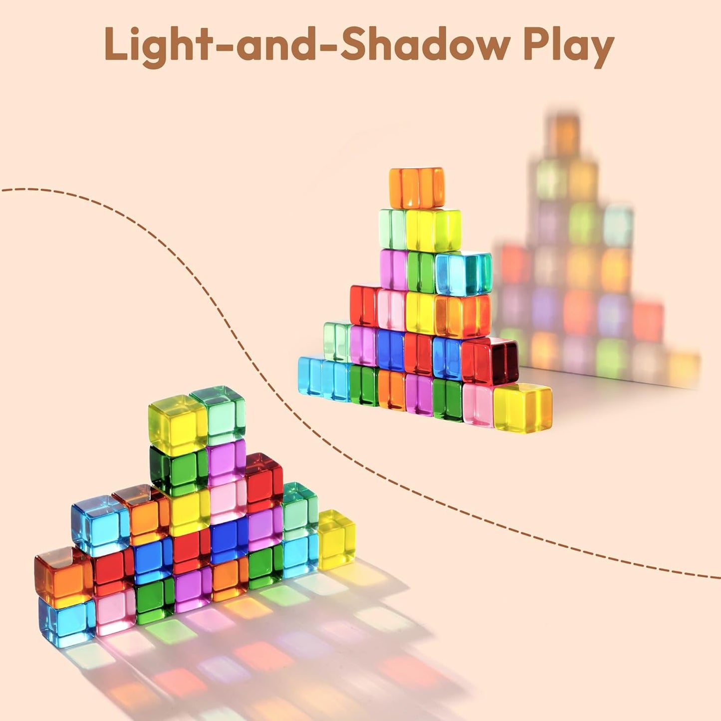 Woodtoe Wooden Building Blocks Set for Kids, 36 PCS Rainbow Acrylic Gem Blocks - 3 Wood House, Montessori Stacking Toy for Toddlers, Educational STEM Birthday Creative Toy Gift for Boys Girls 3-6