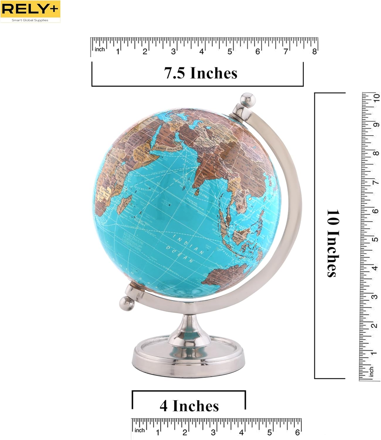 Rely+ Earth Light Blue Rotating Globe of The World with Silver Stand (NOT PLASTIC!) for Bookcase Shelf Decorative Home Desk sturdy Office Decor 6-inch