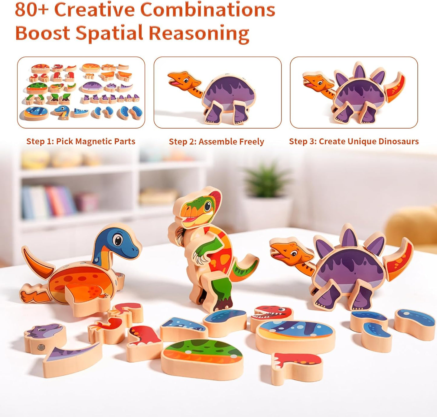 INIFEIDALA Magnetic Wooden Dinosaur Building Blocks,Take Apart STEM Montessori Educational Toy,Fine Motor Skills Development Ages 3-6,Hand-Eye Coordination