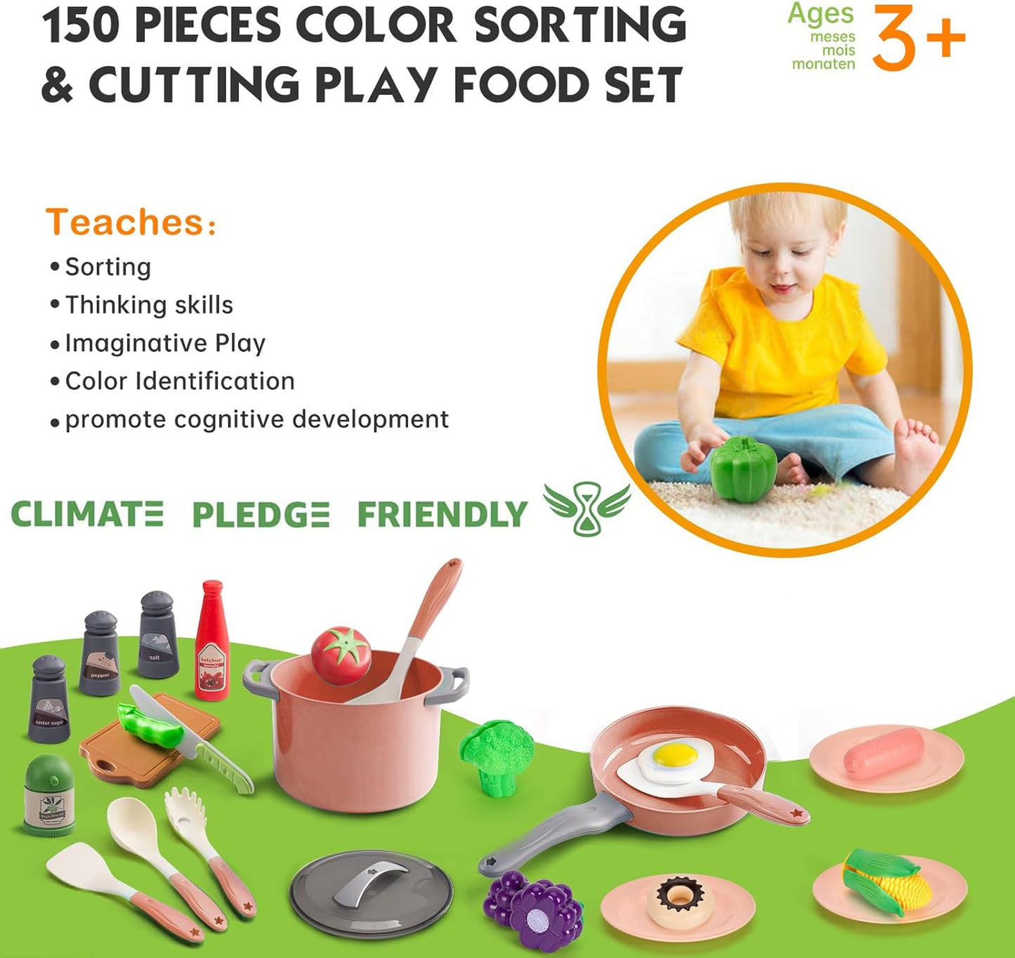 150Pcs Kitchen Playset, Toddlers Pretend Cooking Cookware Accessories, Food, Picnic Blanket, Fruits, Veges, 2Pack Shopping Storage Basket, Dessert and Prop Money, Gift for Kids (Pink)