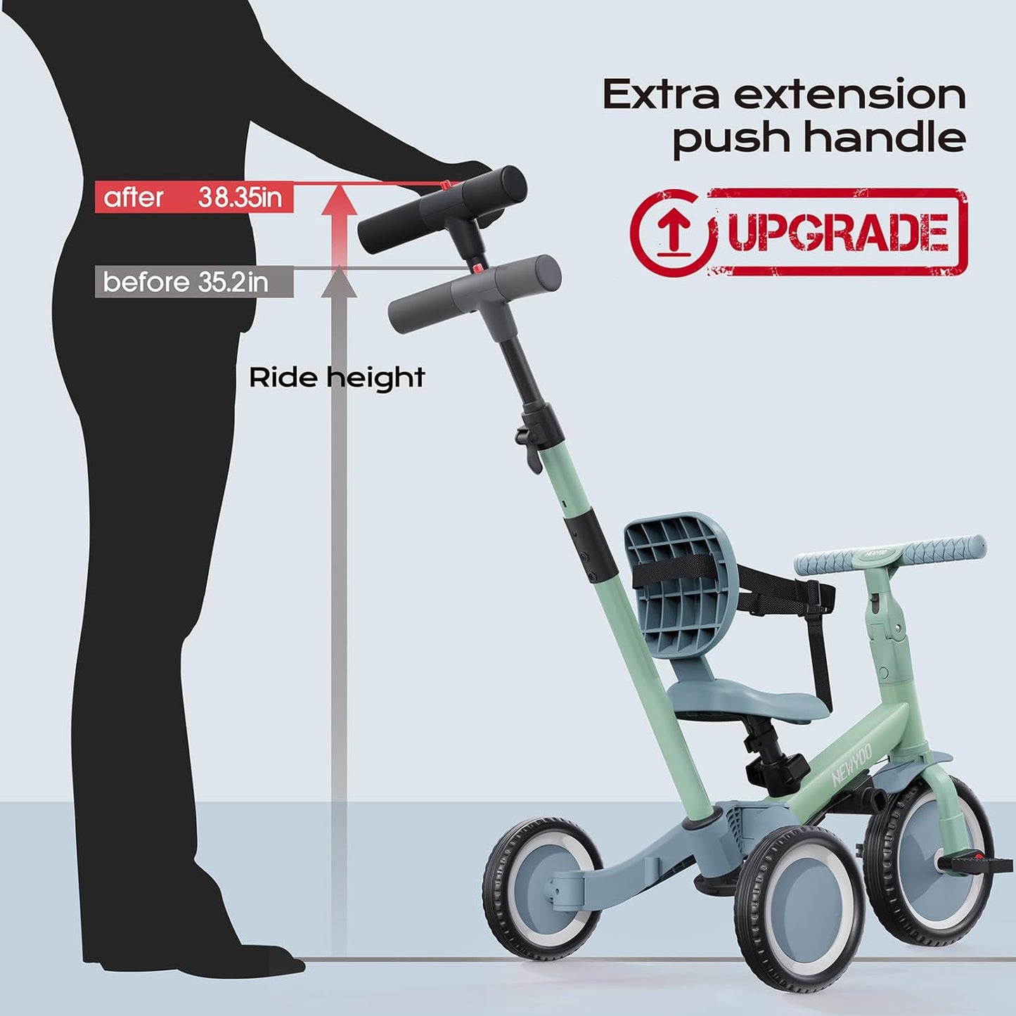 newyoo Toddler Tricycle with Push Handle for 1-3 Year Old, Toddler Bike, Birthday Gift and Toy for Boys and Girls, 5 in 1 Kids Trike, Balance Bike with Backrest and Safety Belt, Khaki, TR007