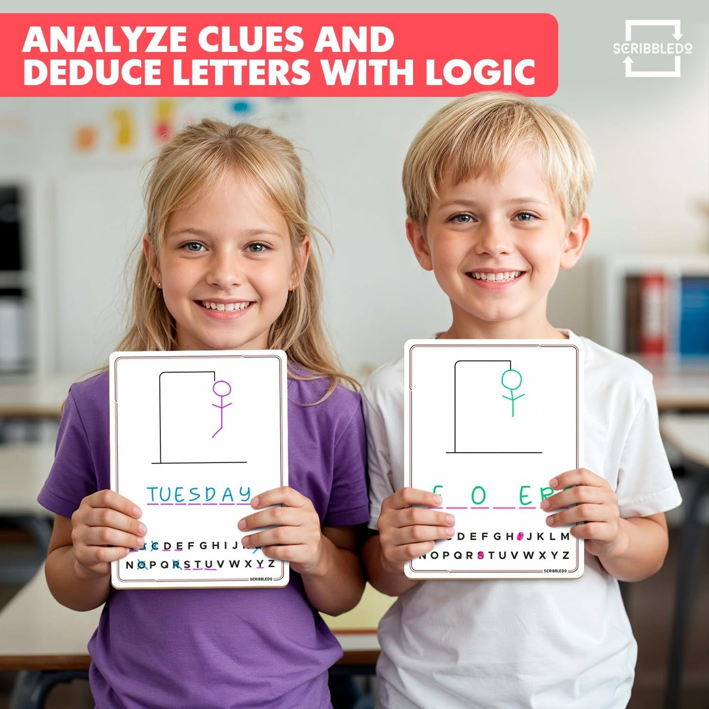 SCRIBBLEDO Hangman Board Game 9”x12 Dry Erase Double-Sided Whiteboard with Blank Writing Surface Hang Man Games Reusable Portable Erasable Hangman Game for Travel Classrooms Homeschool Family Fun