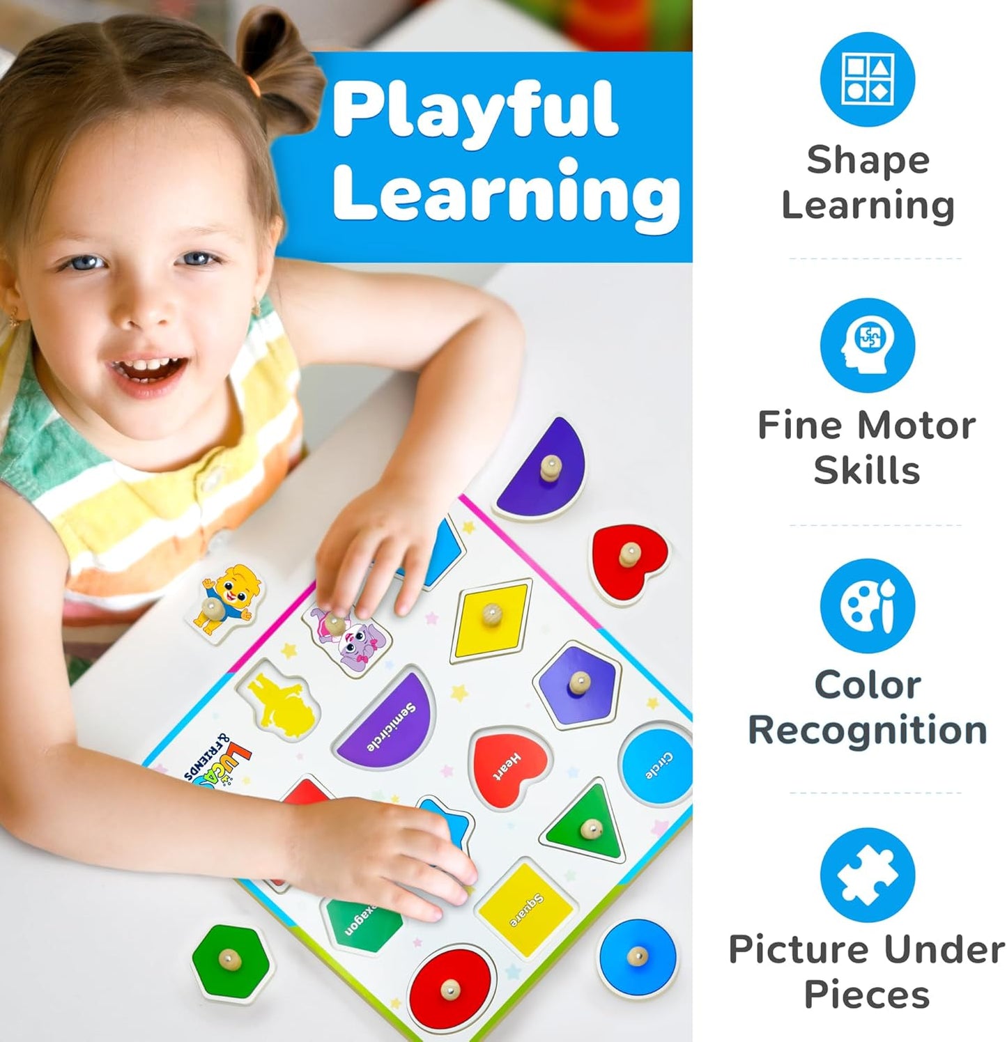 Lucas & Friends Wooden Toys, Peg Puzzle Toddler Toys, Educational Wooden Puzzles for Montessori and Preschool Kids, Shapes Puzzle Board for Ages 3 4 5 6 Years Old Boys and Girls As Gifts