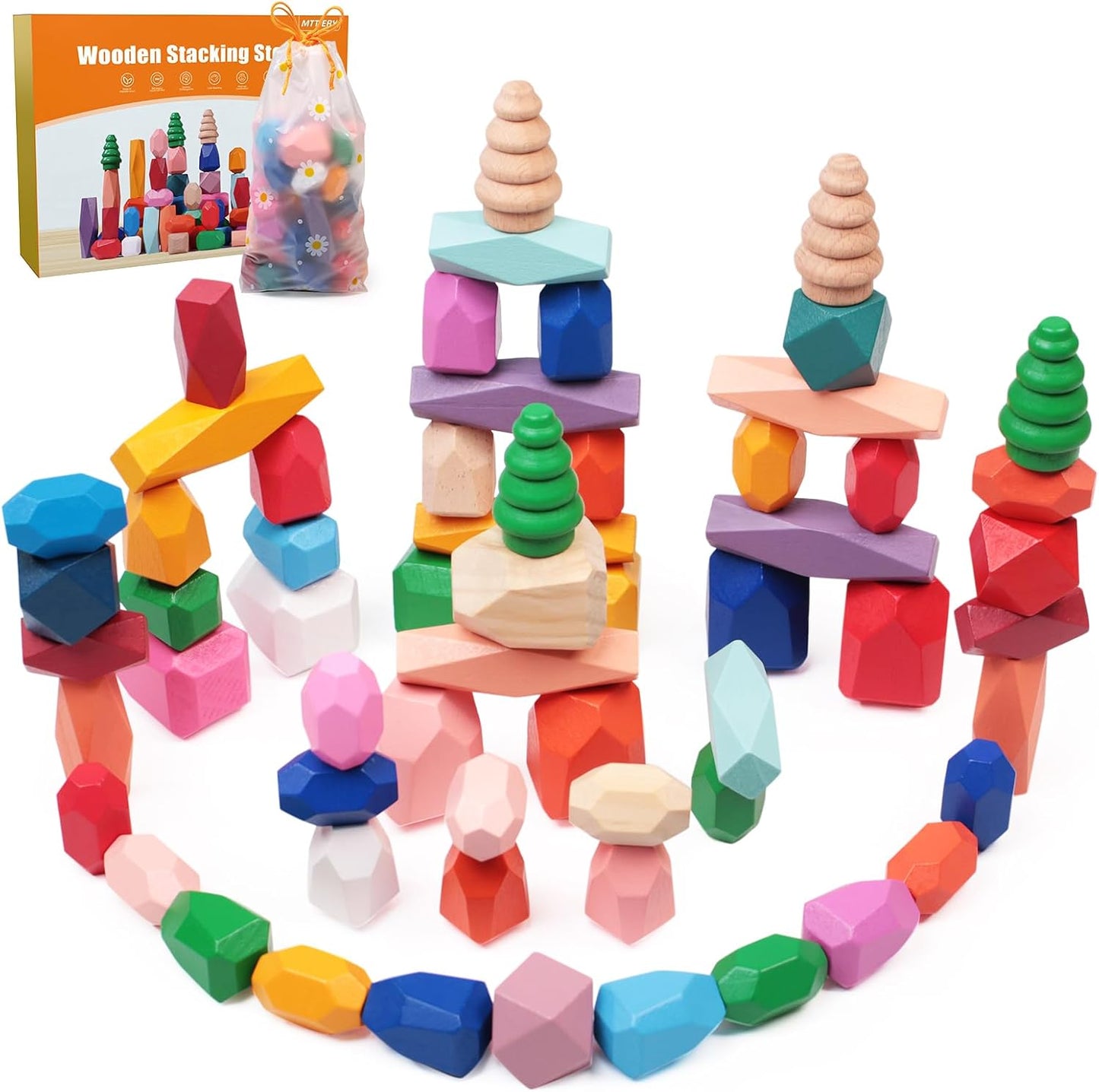 36PCS Wooden Stacking Rocks Building Blocks, Montessori Toys for 3 4 5 year old Stacking Game Sensory Preschool Learning Activities, Balancing Stones Birthday Gifts for Kids 3-5 Easter Basket Stuffers