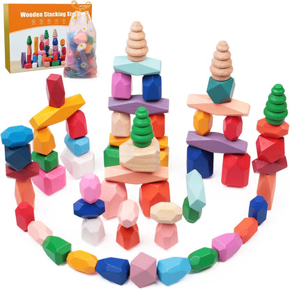 36PCS Wooden Stacking Rocks Building Blocks, Montessori Toys for 3 4 5 year old Stacking Game Sensory Preschool Learning Activities, Balancing Stones Birthday Gifts for Kids 3-5 Easter Basket Stuffers