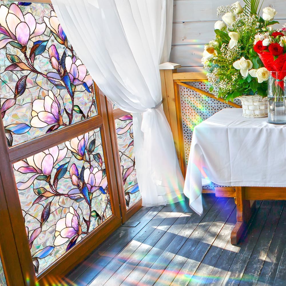Flower Stained Glass Window Film Decorative Static Cling Stickers Sun Blocking Privacy Decals for Home Car White Lily