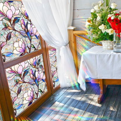 Flower Stained Glass Window Film Decorative Static Cling Stickers Sun Blocking Privacy Decals for Home Car White Lily