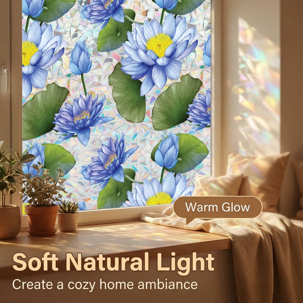 Flower Stained Glass Window Film Decorative Static Cling Stickers Sun Blocking Privacy Decals for Home Car White Lily