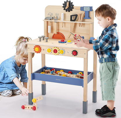 Pillowhale Wooden Kids Tool Bench, Large Size Toddler Workbench Toy with Tools, Gears & Storage, Construction & STEM Building Workshop Tool Bench Toys for Kids Ages 3–6