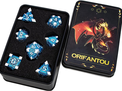 7PCS Metal DND Dice Set with Box, Debris RPG Blue White D and D Dice for D&D Tabletop Games Role Playing Game Polyhedral Dice Set D20 D12 D10 D8 D6 D4