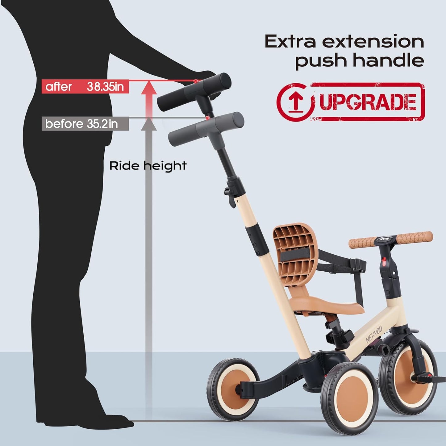 newyoo Toddler Tricycle with Push Handle for 1-3 Year Old, Toddler Bike, Birthday Gift and Toy for Boys and Girls, 5 in 1 Kids Trike, Balance Bike with Backrest and Safety Belt, Khaki, TR007