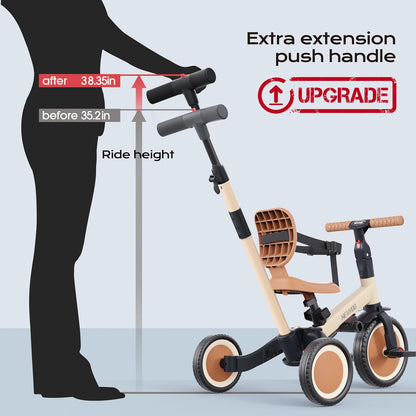 newyoo Toddler Tricycle with Push Handle for 1-3 Year Old, Toddler Bike, Birthday Gift and Toy for Boys and Girls, 5 in 1 Kids Trike, Balance Bike with Backrest and Safety Belt, Khaki, TR007