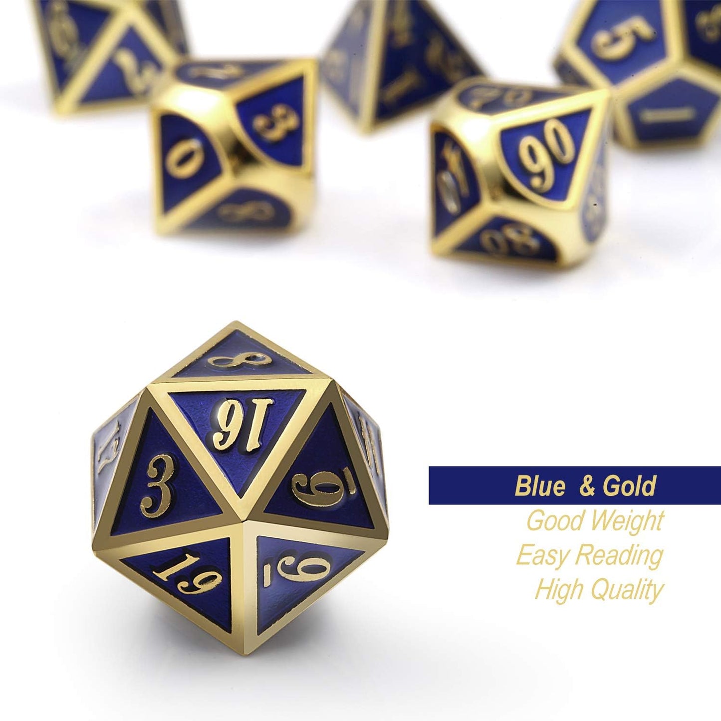 DnDnD Heavy Polyhedral Metal Dice Set with Metal Box, 7-die Shiny Blue Surface with Golden Number for RPG,Dungeons and Dragons,Pathfinder,Shadowrun,D&D,Role Palying Game and Math Teaching - Colors A