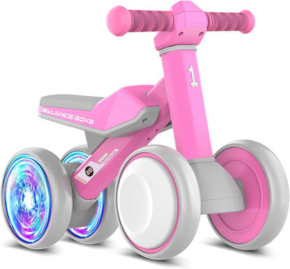 ESPRAY Colorful Lighting Baby Balance Bike Toys for 1 Year Old Girls Gifts, Toddler First Bike 12-24 Months with Adjustable Soft Seat, 4 Silent Wheels Ride on Toy, Perfect First Birthday Gift