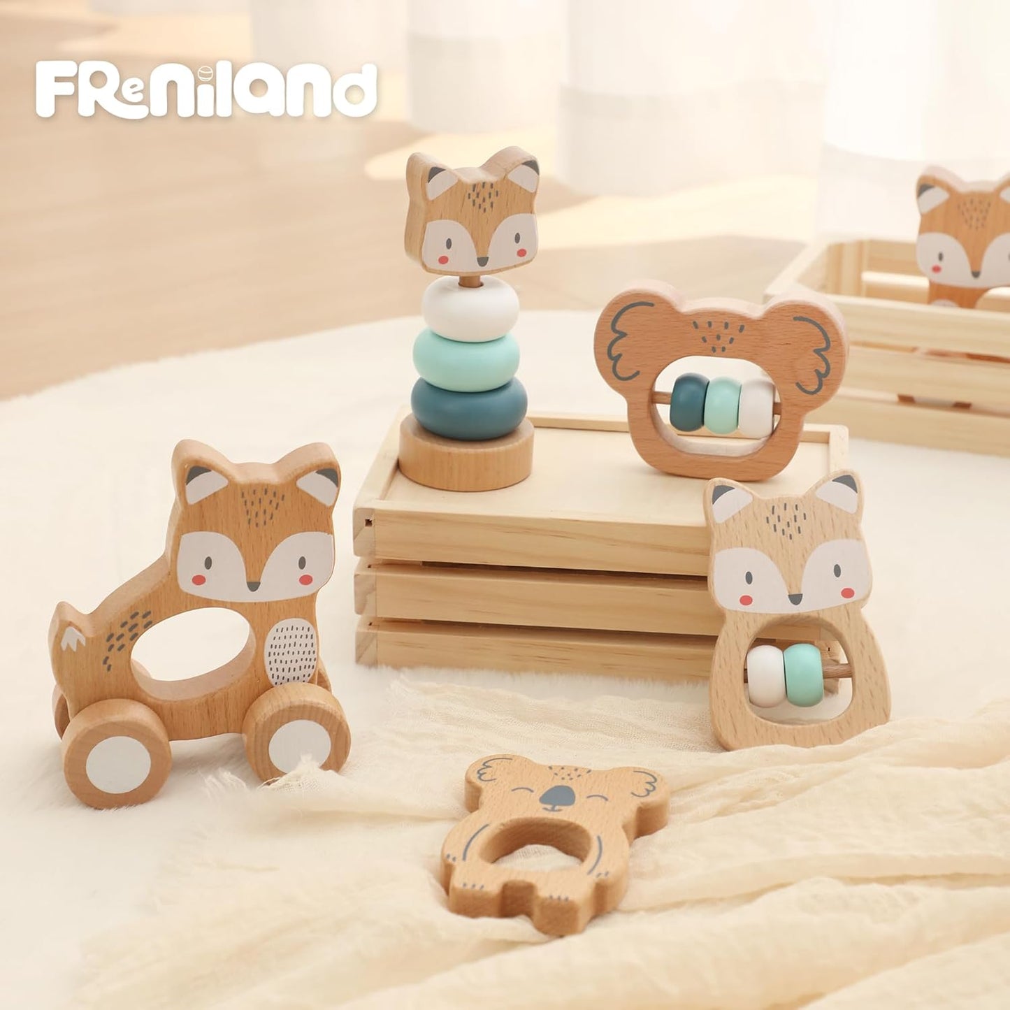 FReniland Wooden Montessori Baby Toys Set, 5-Piece Newborn Gift Set with Koala Rattle, Fox Stacking Rings & Push-Pull Toy for Boys and Girls