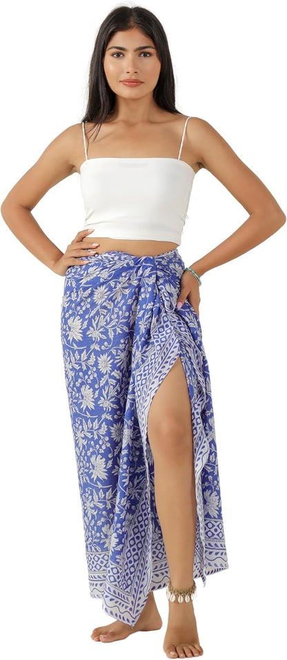 100% Cotton Sarong Cover Up for Women Indian Block Print Beach Wrap Skirt Long Boho Swimsuit Bikini Pareo (73” x 43”)
